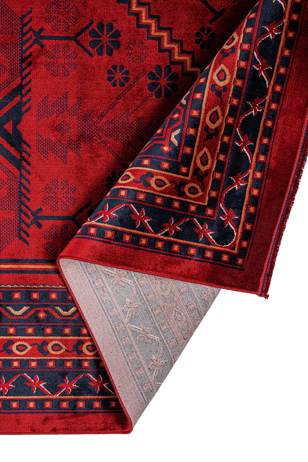 Kırmızı ve lacivert renklerde geleneksel Afgan halısı, detaylı geometrik ve çiçek desenleriyle