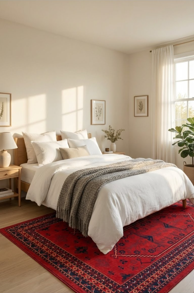 Doğal ışık alan modern yatak odasında beyaz nevresim ve gri örgü battaniyeli yatak, kırmızı Afgan halısı, ahşap komodin ve bitkiler