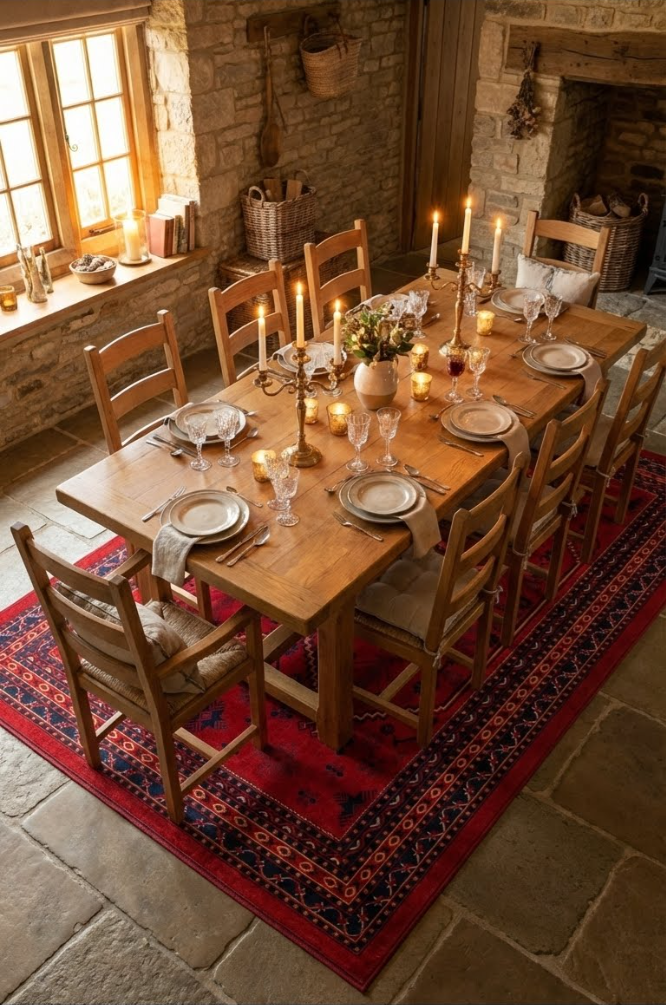 Doğal taş duvarlı rustik yemek odasında Afgan el yapımı kırmızı halı üzerinde ahşap masa ve sandalye seti