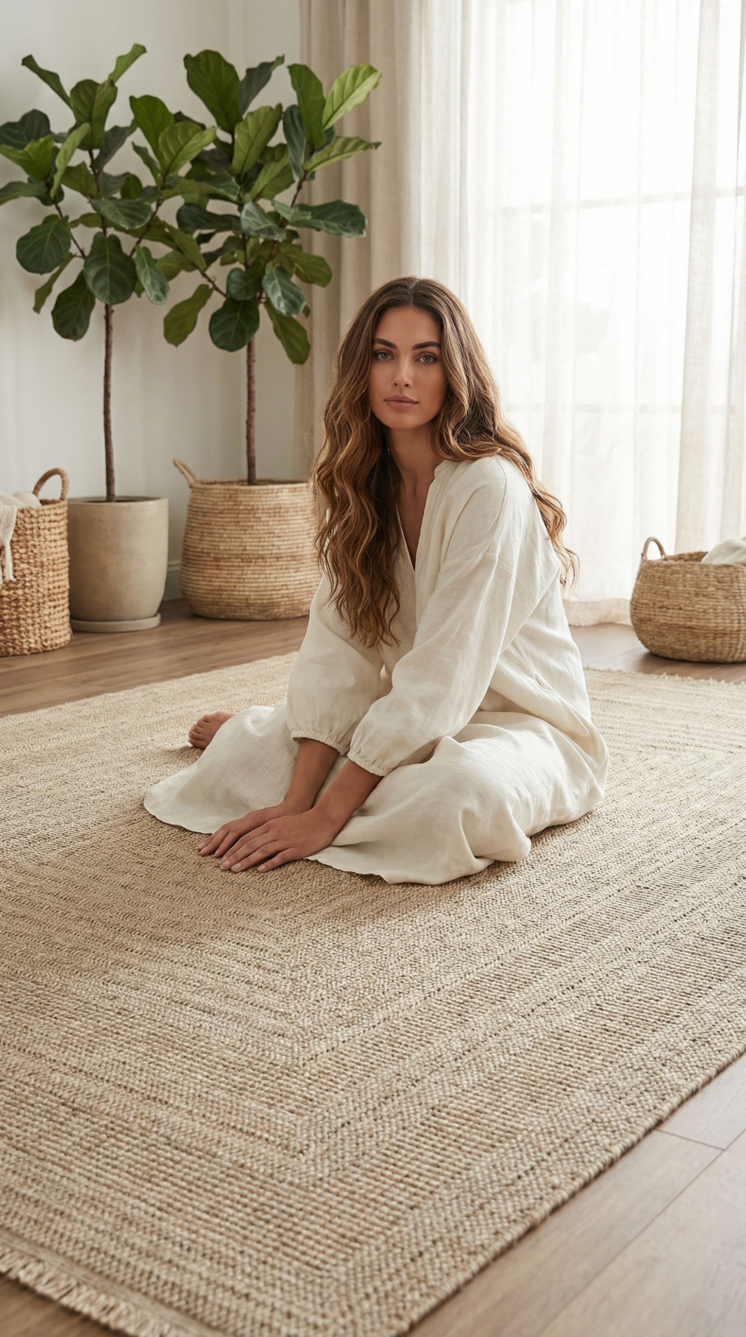 Doğal jüt kilim üzerinde oturan krem rengi elbiseli kadın, arka planda saksıda dekoratif bitkiler