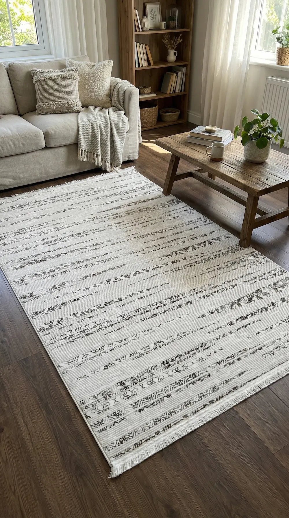 Zev Halı NK008 | Boho-Etnik Çizgili Makinede Yıkanabilir Kaymaz Taban Modern Halı 115x180