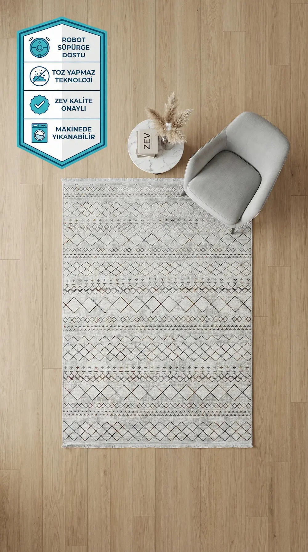 Zev Halı NK005 | Boho & Etnik Desenli Makinede Yıkanabilir Kaymaz Taban Modern Halı