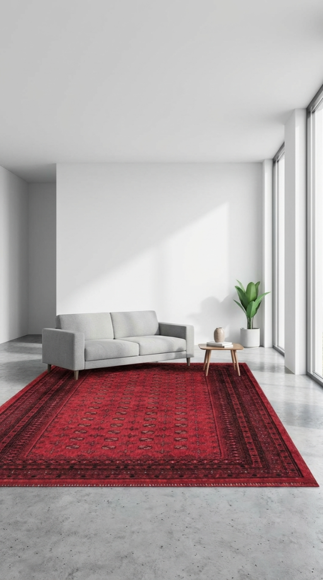 Bordo saten Afgan halı, modern gri koltuk, küçük sehpa ve bitki ile geniş minimalist oturma odası