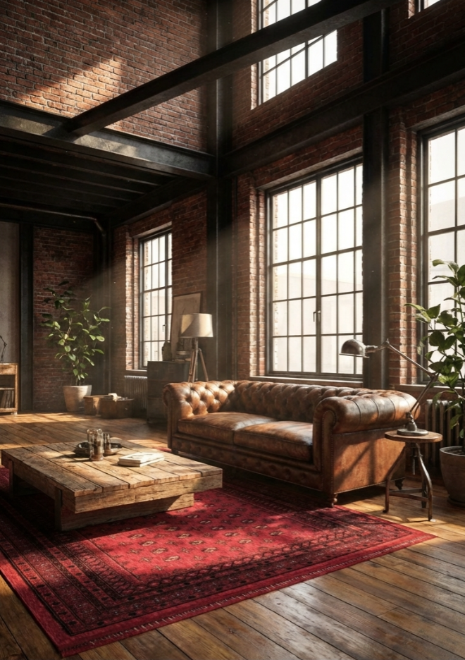 Endüstriyel tarzda büyük pencereli oturma odası, bordo saten halı, kahverengi deri chesterfield kanepe