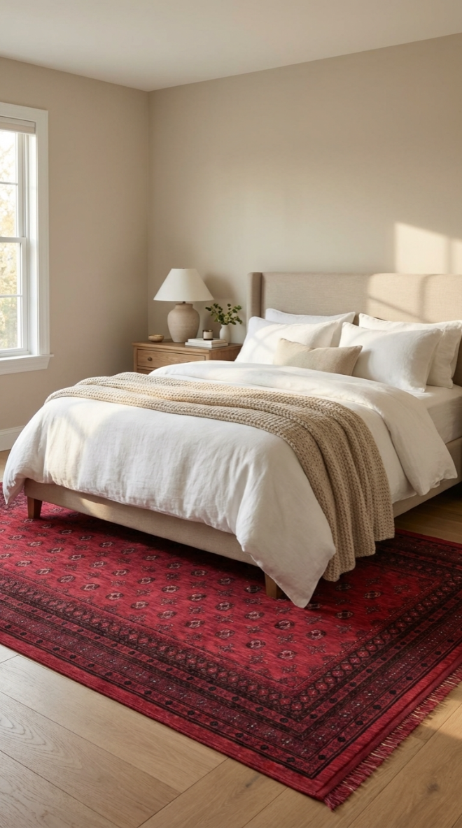 Bordo Afgan saten halı, bej yatak başlığı ve beyaz yatak örtüsü olan modern yatak odası