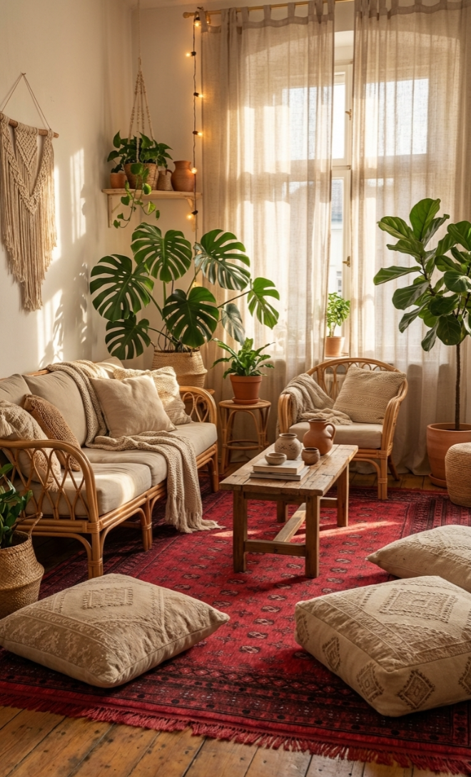 Doğal ahşap ve hasır mobilyalı, büyük bitkilerle dolu aydınlık oturma odasında bordo saten halı ve yumuşak bej yastıklar
