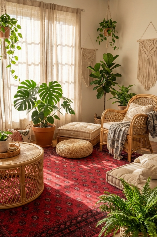 Bohem tarzda doğal ışık alan odada bordo desenli saten Afgan halı, hasır mobilyalar ve yeşil bitkiler