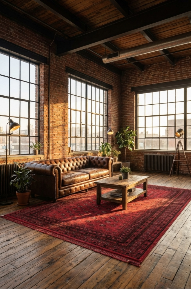 Bordo saten Afgan Plus halı, deri koltuk, rustik loft oturma odasında büyük pencereler ve ahşap masa