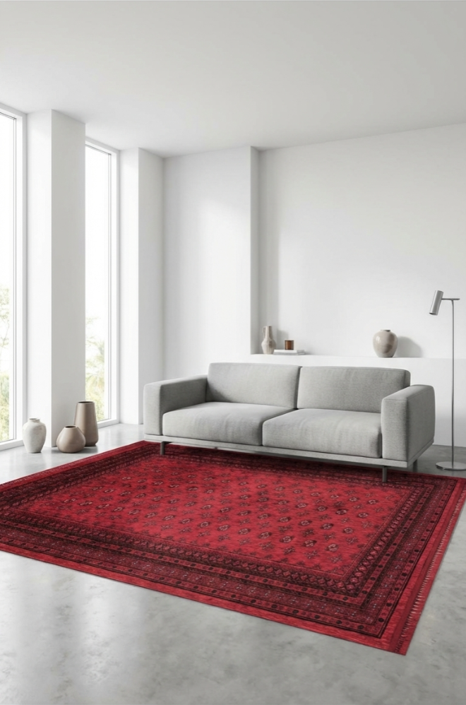 Modern beyaz duvarlı oturma odasında gri koltuk ve kırmızı desenli saten halı