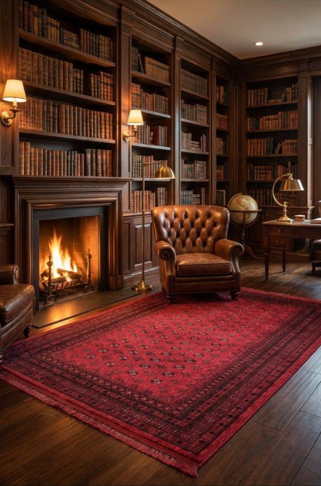 Bordo saten Afgan Plus halı, deri koltuk, şömine ve klasik kütüphane ortamı