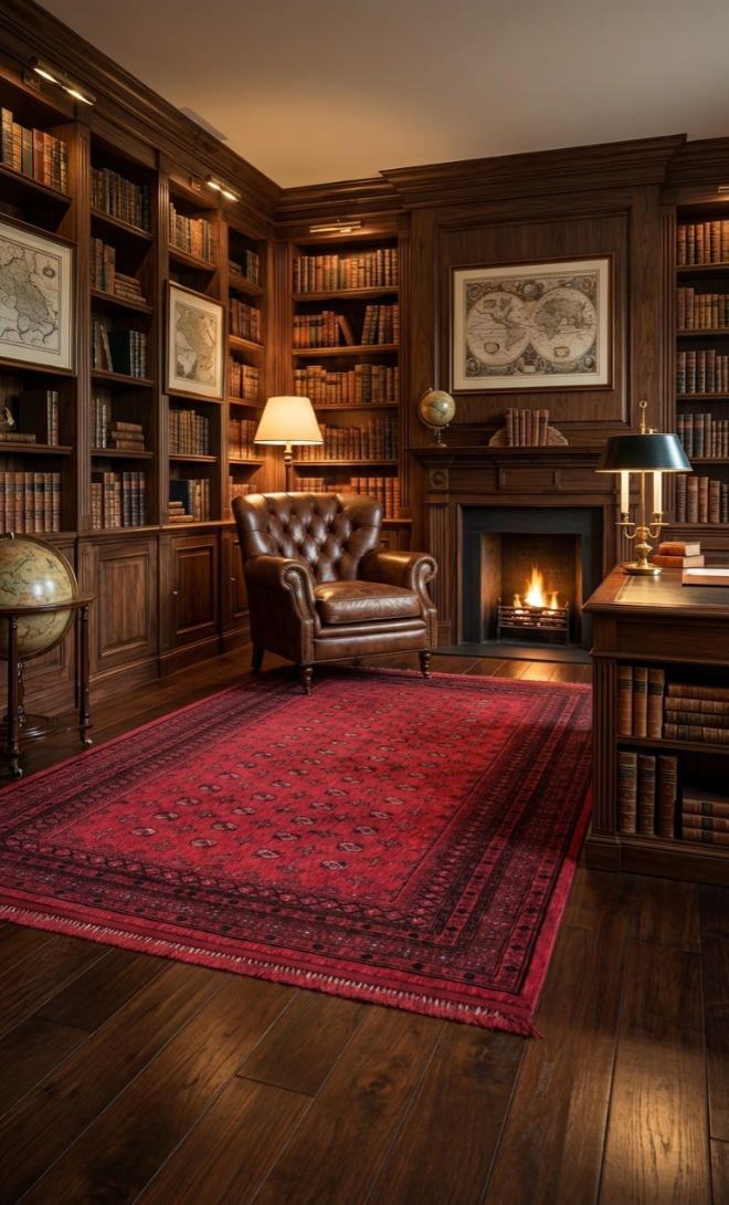 Kahverengi deri koltuk, kırmızı desenli saten halı ve şömineli klasik kitaplık odası