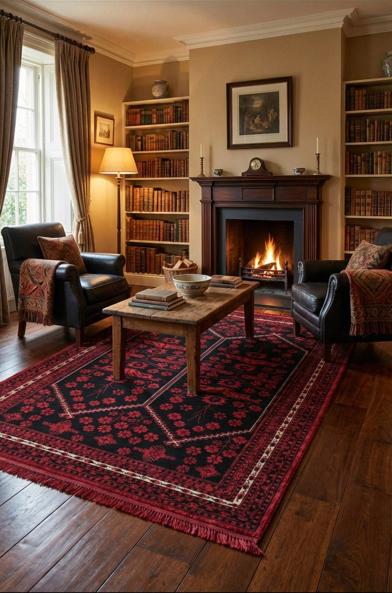 Kırmızı siyah desenli Afgan halı, kitaplık, şömine ve deri koltuklarla klasik oturma odası