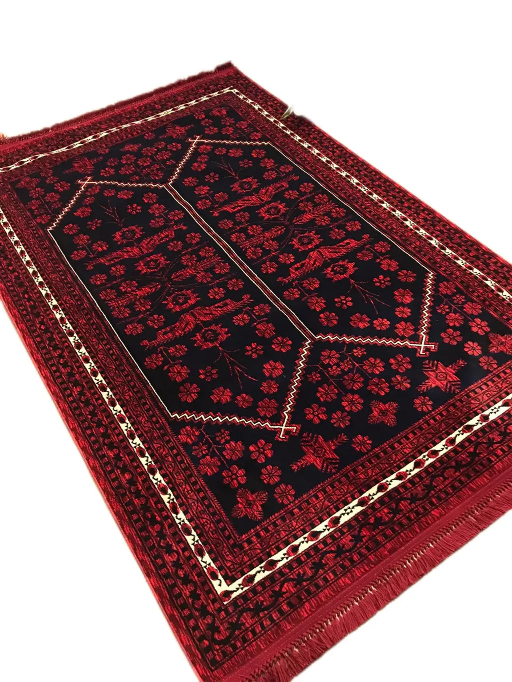 Koyu kırmızı ve siyah Afgan el dokuması halı, geometrik ve floral desenli