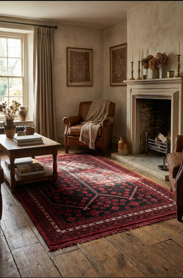 Kahverengi deri koltuklu, şömineli, ahşap zeminli oturma odasında kırmızı ve siyah desenli Afgan halısı
