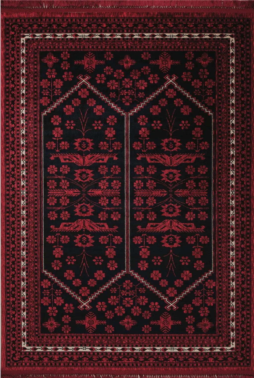 Kırmızı ve siyah renklerde çiçek desenli Afgan halısı, geleneksel geometrik bordürlü