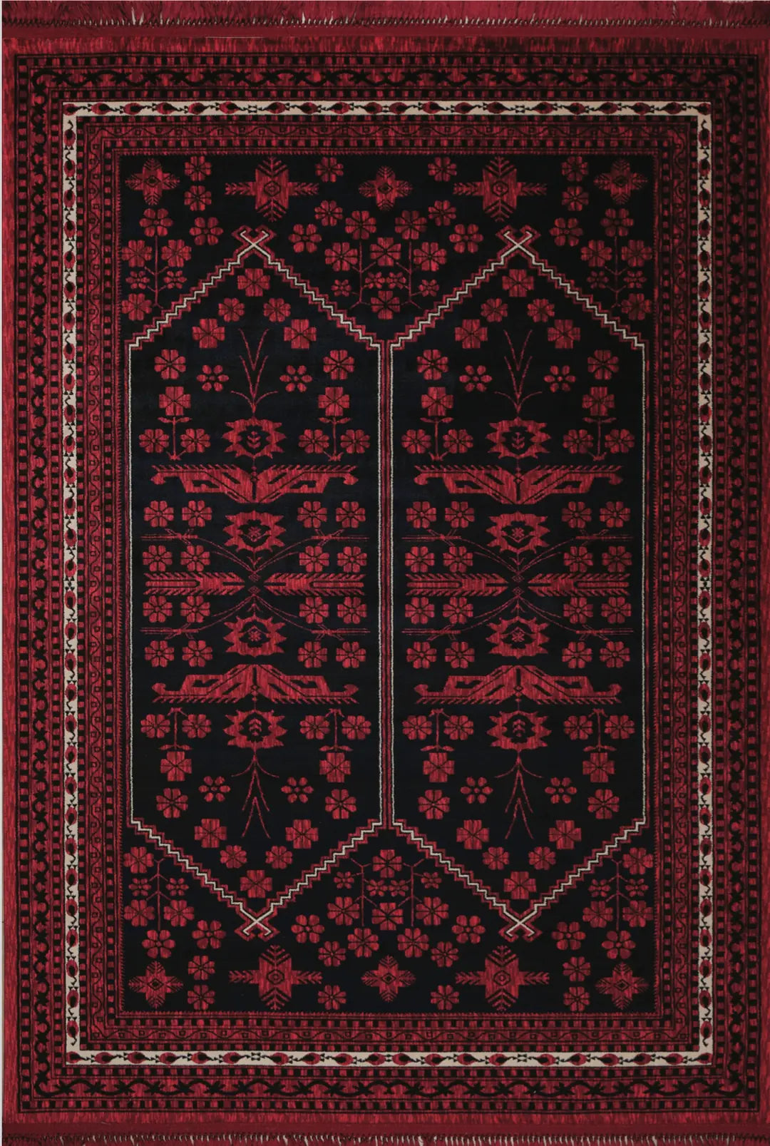 Kırmızı ve siyah renklerde çiçek desenli Afgan halısı, geleneksel geometrik bordürlü