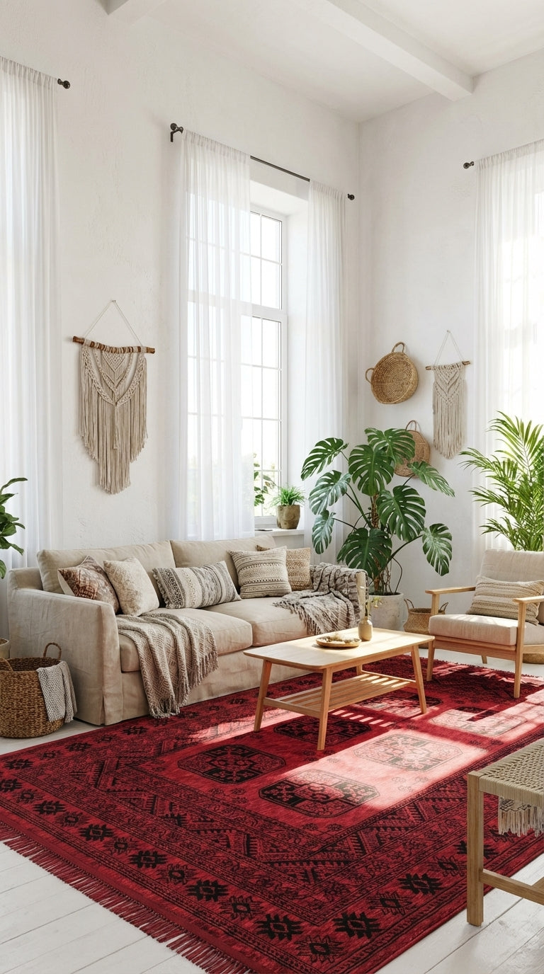 Doğal ışık alan beyaz duvarlı oturma odasında kırmızı otomatik desenli Afgan halı ve bej renkli koltuklar