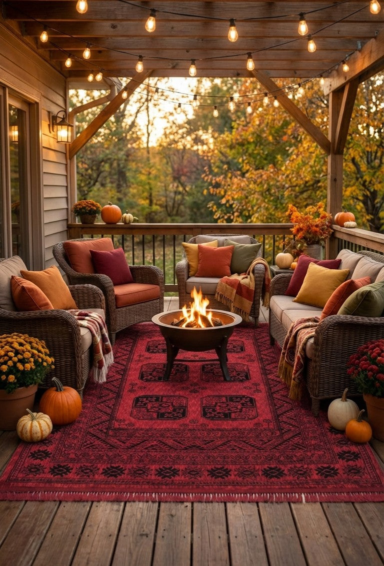 Ahşap veranda üzerinde kırmızı desenli Afgan halı, hasır oturma grubu, dekoratif balkabağı ve şömine ateşi