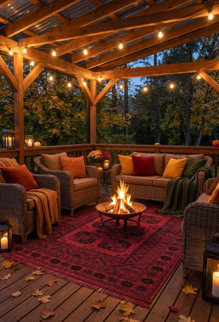 Ahşap pergola altında kırmızı Afgan halı üzerinde oturma grubu ve ortada yakılan ateş