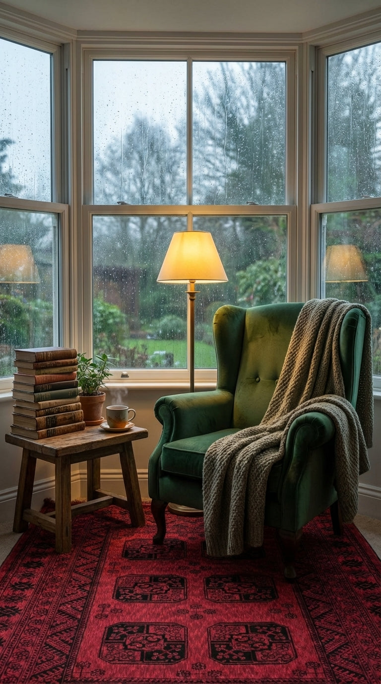 Yağmur damlaları ile pencere önünde yeşil koltuk, battaniye, ahşap sehpa, kitaplar ve lambalı oturma köşesi
