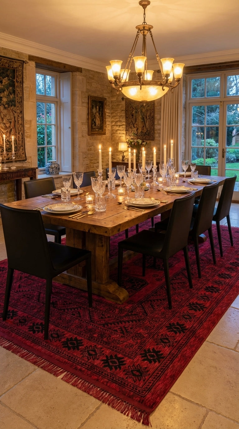 Ahşap masa üzerinde mumlar, kristal bardaklar ve tabaklarla dekore edilmiş yemek odası, kırmızı Afgan halısı üzerinde