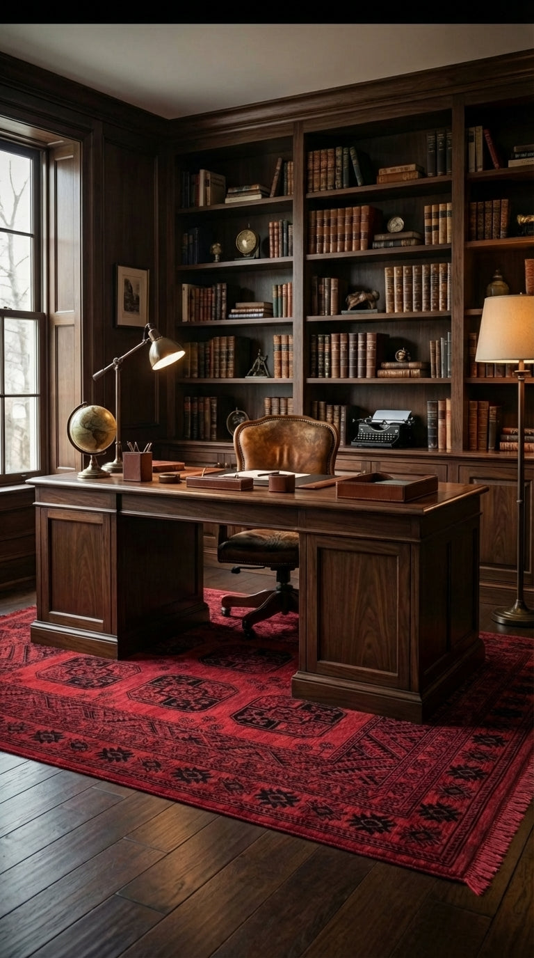 Klasik ahşap çalışma masası ve deri koltuk, kırmızı Afgan halı ile kaplı lüks kütüphane odası