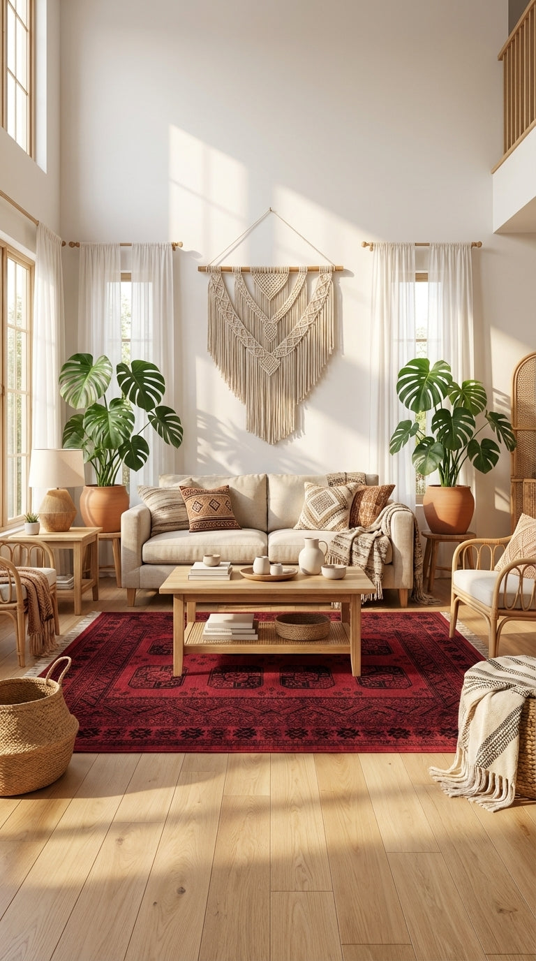 Geniş pencereli modern oturma odasında kırmızı Afgan halısı, doğal ahşap mobilyalar ve yeşil yapraklı bitkiler