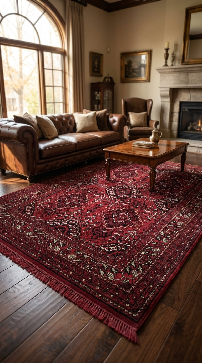 Klasik kahverengi deri koltuk ve ahşap sehpalı, kırmızı desenli Afgan halı ile şık oturma odası