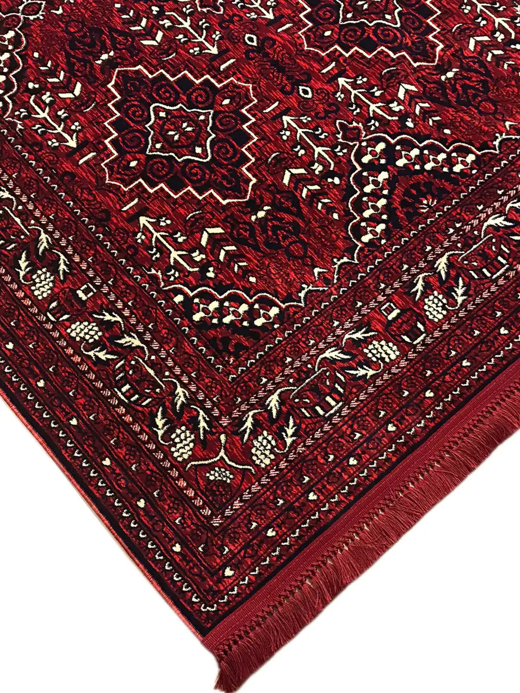 Kırmızı-beyaz desenli Afgan halısı köşesi, detaylı klasik geometrik motifler ve püsküller