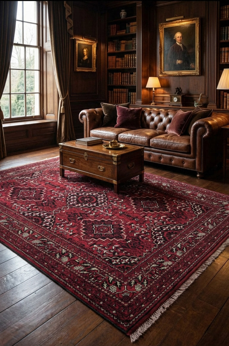 Klasik kitaplık ve deri kanepeyle dekore edilmiş, büyük pencereli şık oturma odasında kırmızı desenli el yapımı halı