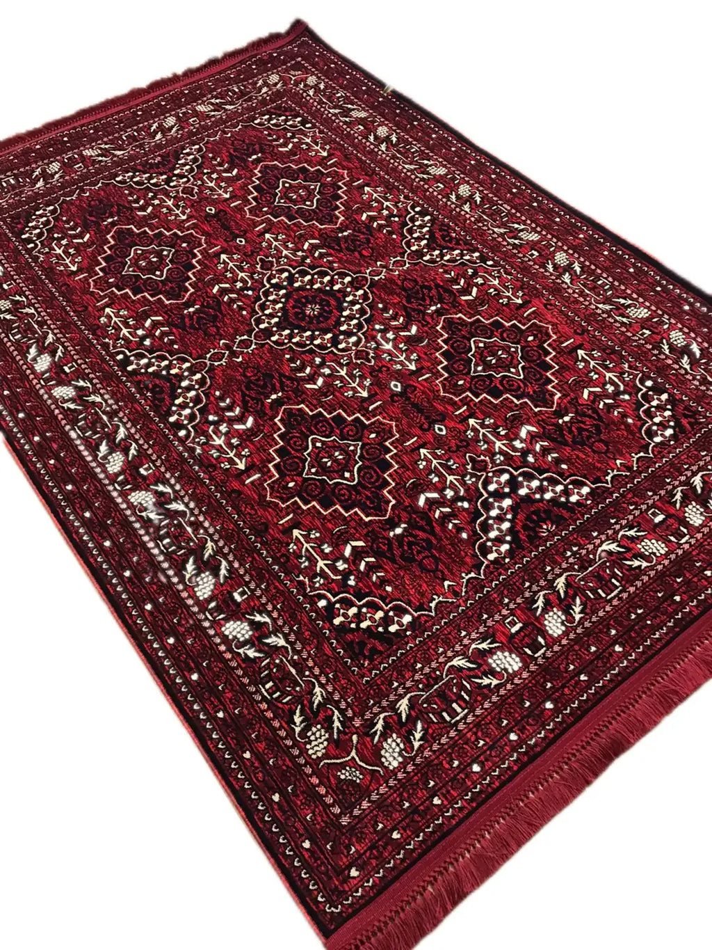 Kırmızı tonlarında, geleneksel el dokuması Afgan halısı, detaylı desen ve kenar püskülleriyle