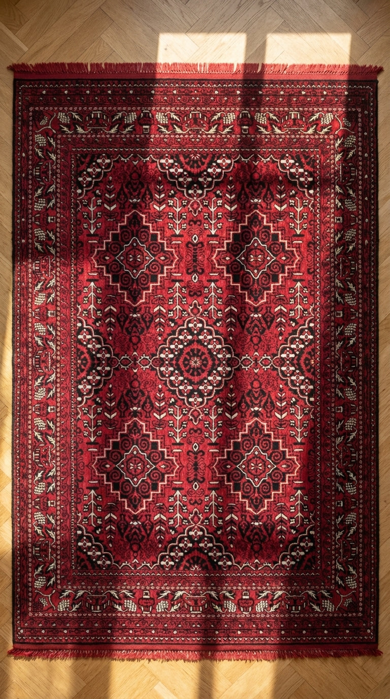 Kırmızı ve siyah desenli Afgan halısı, parke zeminde güneş ışığıyla detaylı motifler
