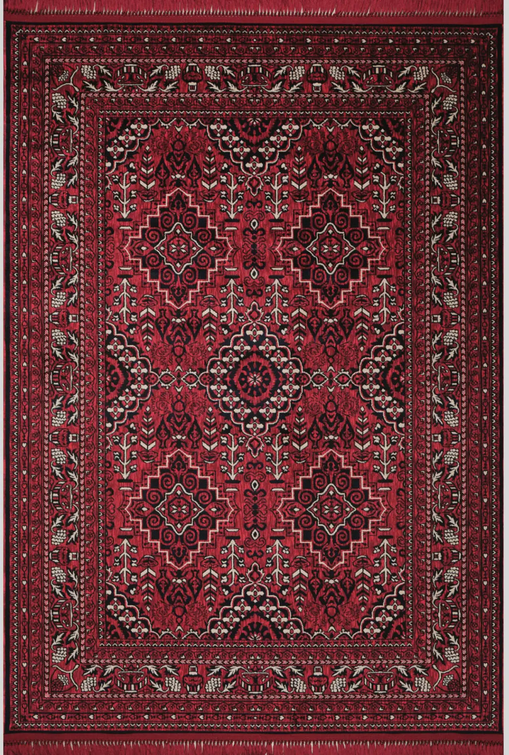 Kırmızı zeminli klasik Afgan halısı, geometrik ve çiçek motifli desenler, siyah ve beyaz detaylar