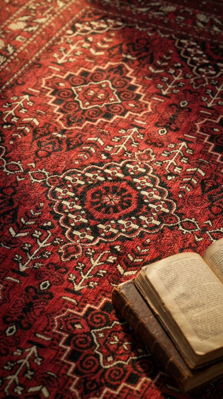Kırmızı desenli Afgan halısı üzerinde eski açık kitap, geleneksel el işi halı dokuma modeli