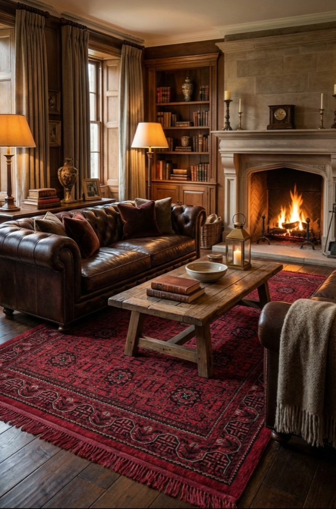 Klasik kütüphane odasında kahverengi deri koltuklar, kırmızı halı, ahşap sehpa ve şömine