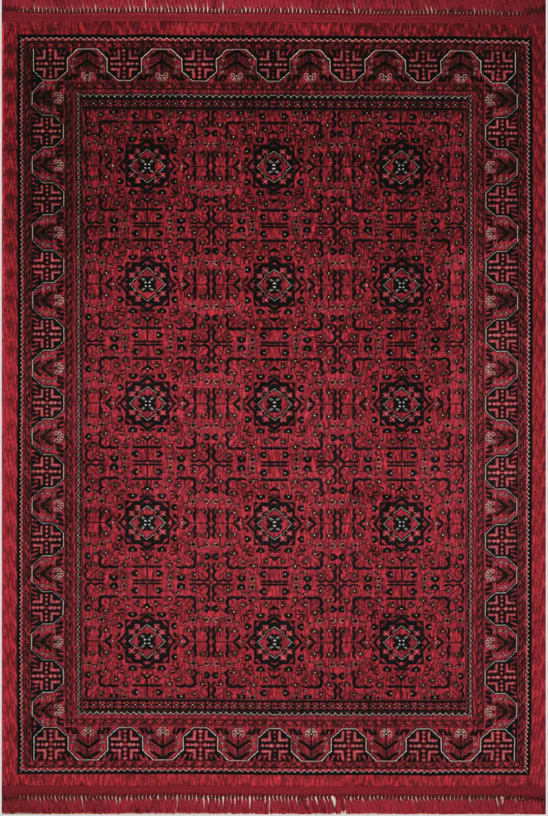 Kırmızı ve siyah detaylı Afgan halısı geometrik ve çiçek desenli, kenarında püsküllü