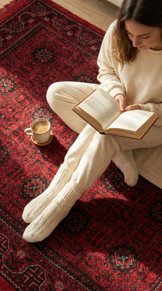 Krem rengi örgü çoraplarla kitap okuyan kadın, kırmızı desenli Afgan halısında, yanında kahve kupası