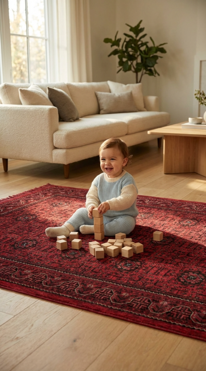 Kırmızı halı üzerinde ahşap bloklarla oynayan bebek, arka planda krem rengi koltuk ve oturma odası