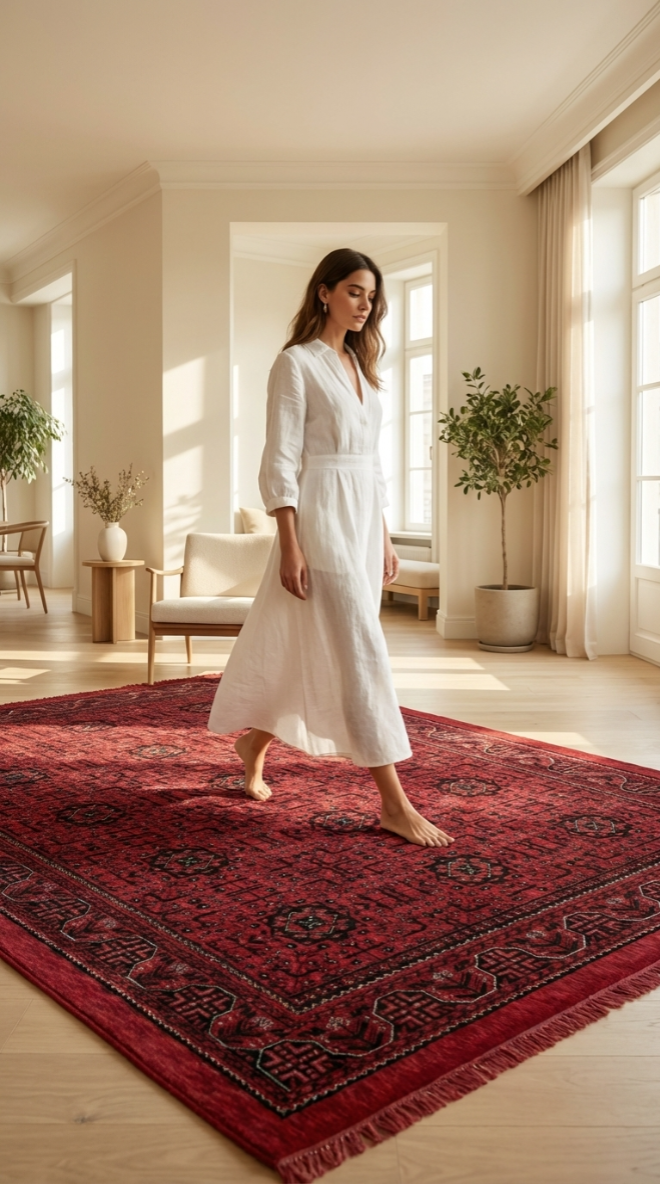 Kırmızı Afgan halı üzerinde beyaz elbise giymiş çıplak ayaklı kadın, ışık dolu modern oturma odasında