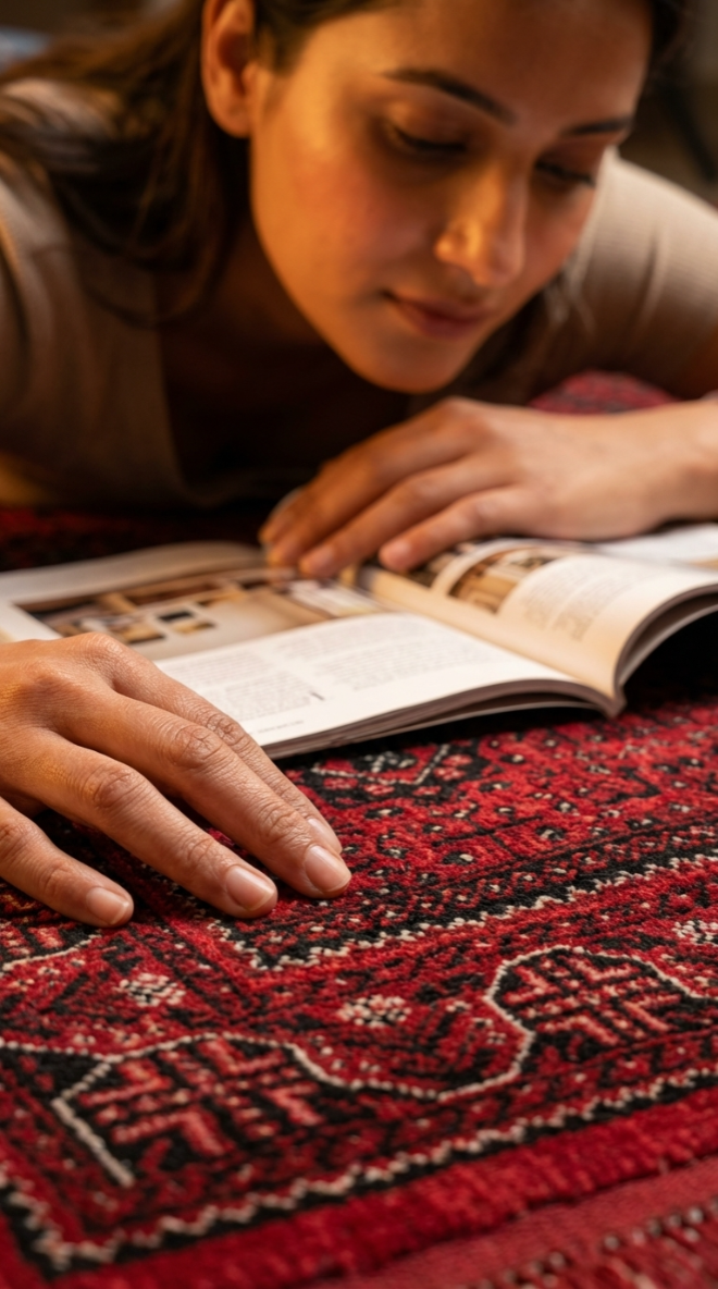Kırmızı desenli Afgan halısı üzerinde kitap okuyan kadın, el detayı ve odaklı yüz