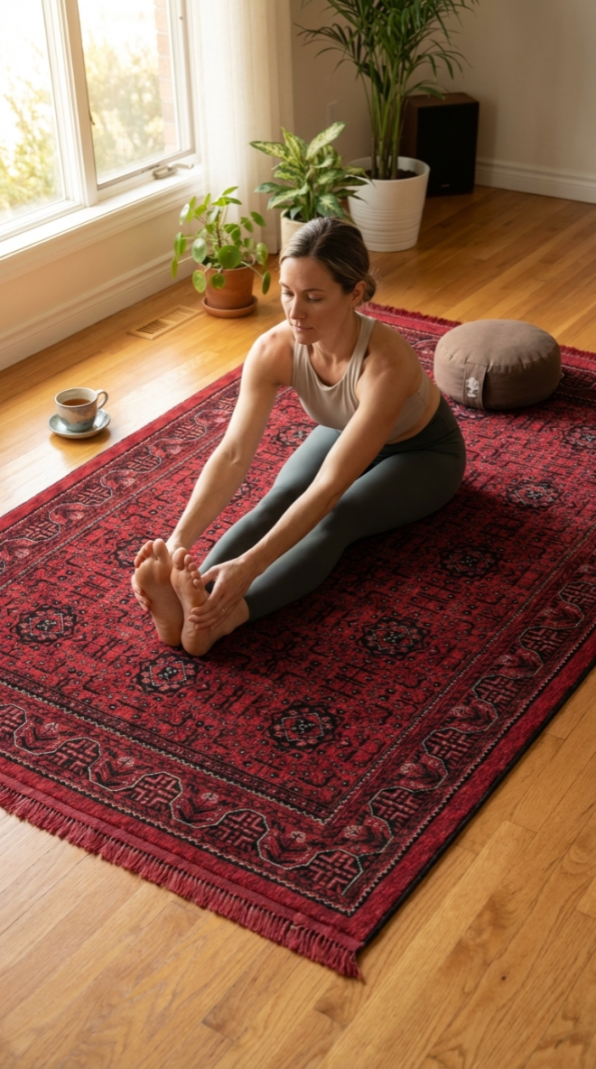 Ev ortamında kırmızı halı üzerinde oturarak esneme hareketi yapan kadın, yanlarda bitkiler ve kahve fincanı