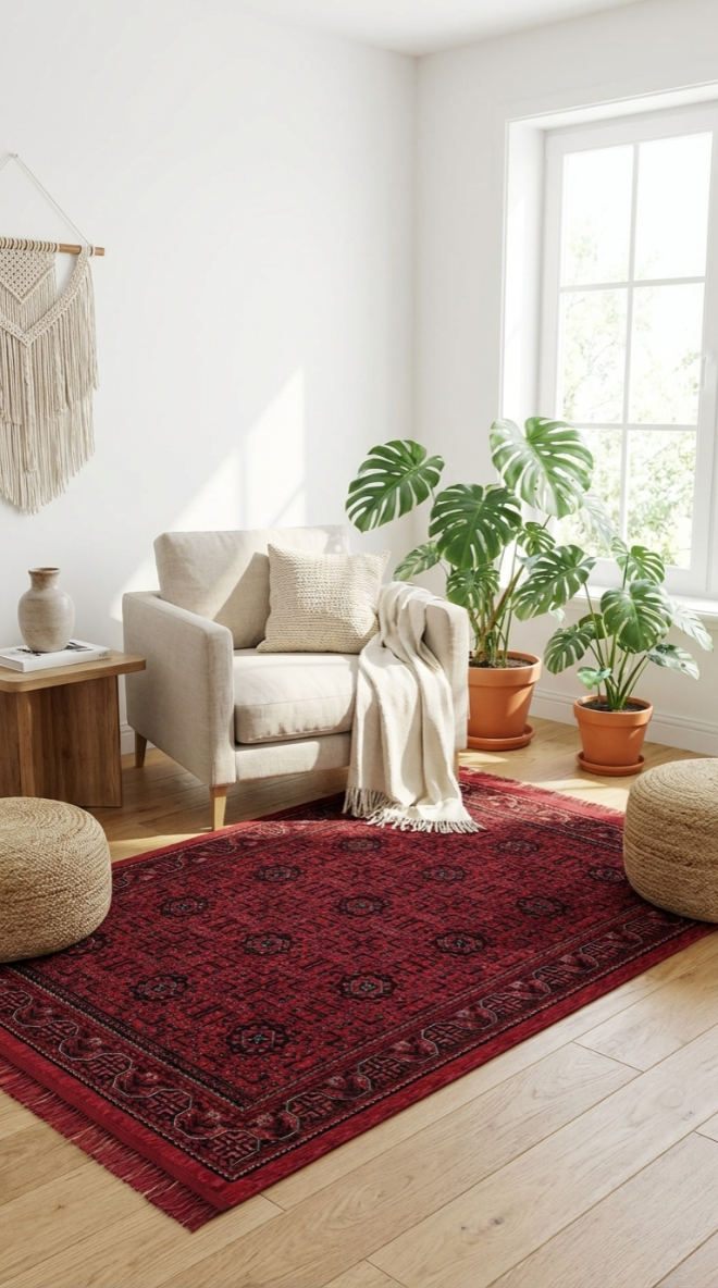 Kırmızı desenli halı, krem koltuk, doğal dekoratif aksesuarlar ve geniş pencere önünde salon içi