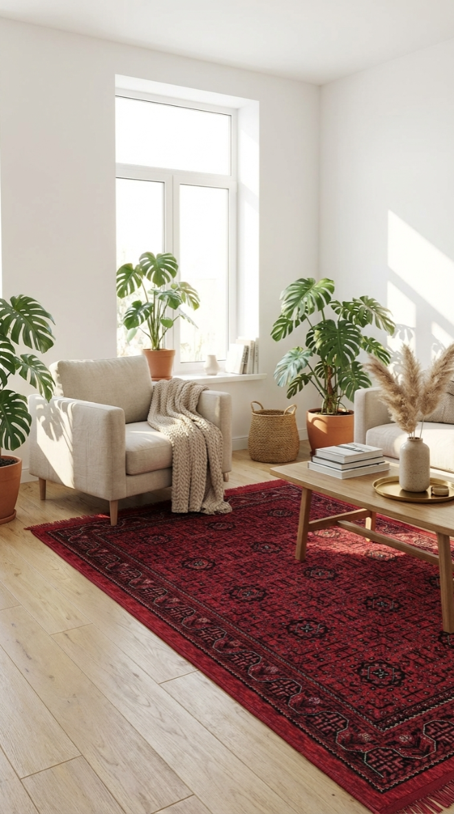 Doğal ışık alan odada kırmızı desenli halı, bej koltuklar, Monstera bitkileri ve ahşap sehpa