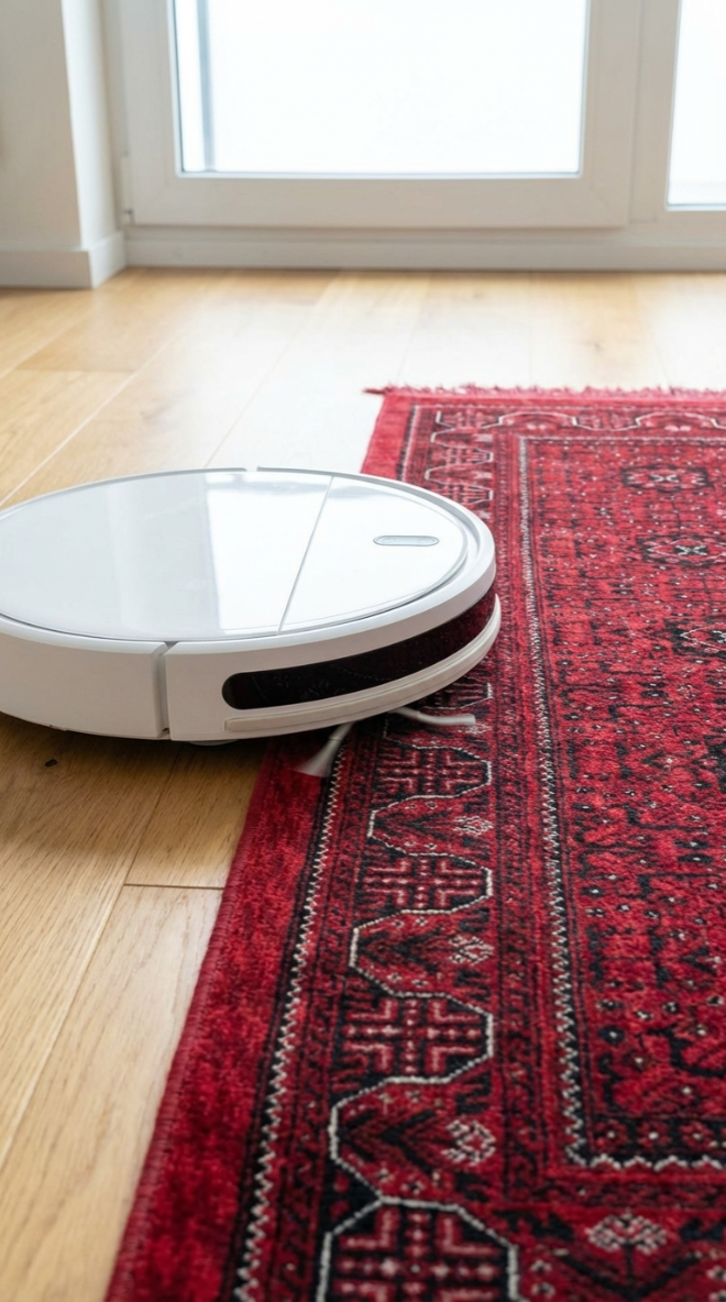Beyaz robot süpürge, ahşap zemin ve kırmızı desenli halıda temizlik yapıyor