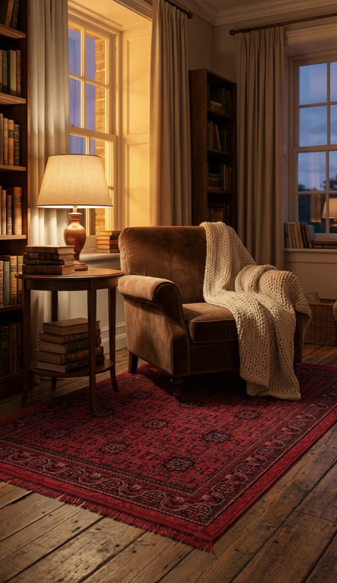 Konforlu kahverengi koltuk, krem örgü battaniye, kitaplarla dolu kütüphane köşesi, kırmızı halı