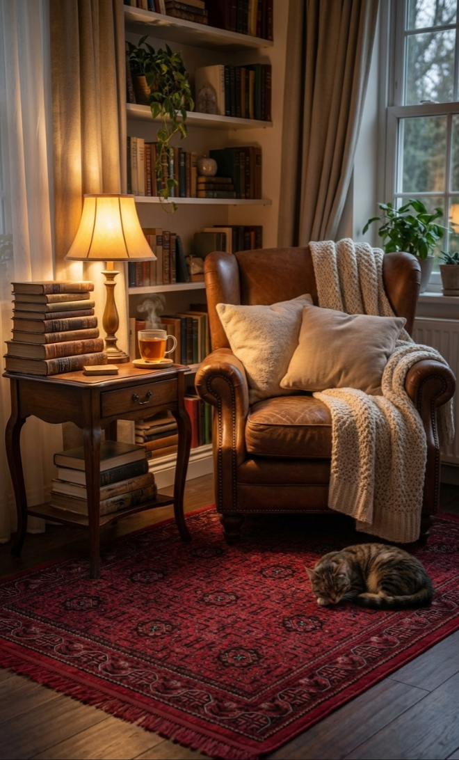 Kitaplık ve masa lambası ışığında deri koltuk, örgü battaniye, kupa ve uyuyan kedi ile konforlu okuma köşesi