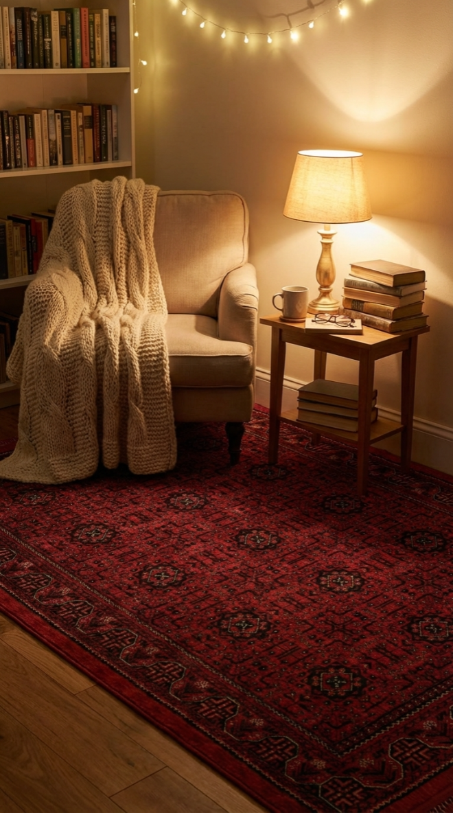 Kitaplık, bej koltuk, krem örme battaniye, ahşap yan sehpa, masa lambası ve kırmızı desenli halı ile sıcak okuma köşesi