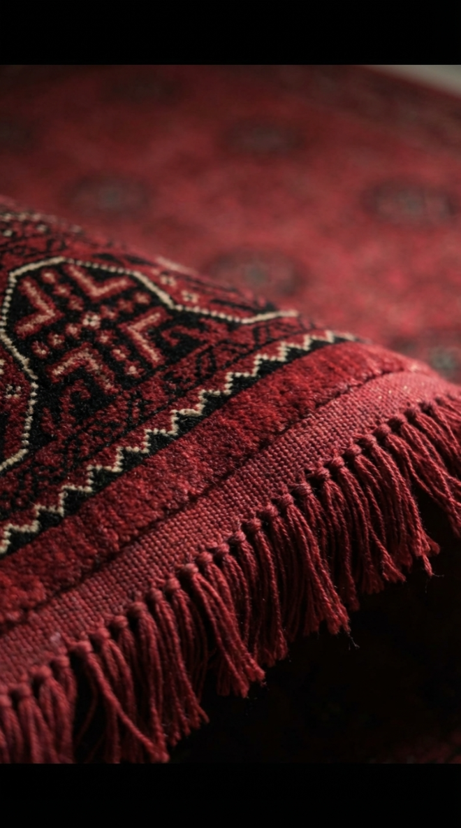 Koyu kırmızı, desenli Afgan kilimi yakından detaylı dokuma ve püskül görünümü