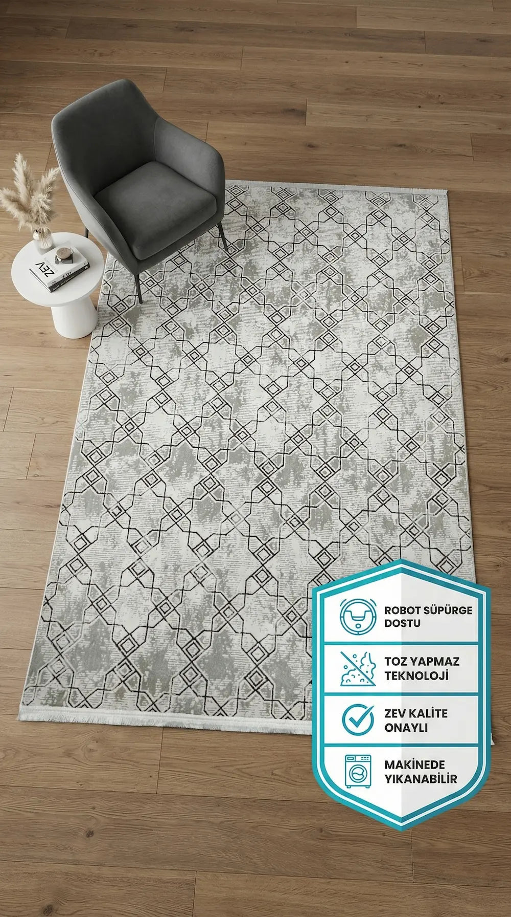 Zev Halı NK009 | Geometrik Kafes Desenli Makinede Yıkanabilir Kaymaz Taban Modern Halı | Makinede Yıkanabilir | Zev Halı