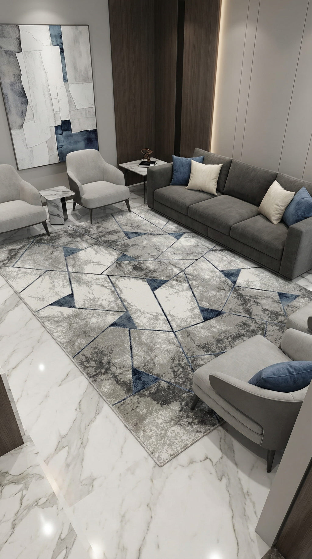 Zev Stone Serisi:Gri Lacivert Modern Geometrik Akrilik Salon Halısı st014 150x230